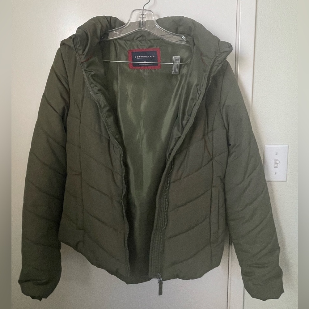 Aeropostale Women's Olive Green Hooded Puffer Jacket